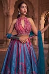 Buy_DiyaRajvvir_Blue Tulle Embroidery Cutdana Halter Neck Orchid Fleur Sequin Lehenga Set_Online_at_Aza_Fashions