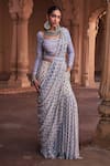 Buy_DiyaRajvvir_Blue Crepe Print Phool Gul Square Neck Embellished Gharara Pant Saree Set_at_Aza_Fashions