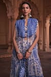 DiyaRajvvir_Blue Crepe Print Gulshan Round Neck Embellished Cape Pant Set _Online_at_Aza_Fashions