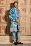 Buy_DiyaRajvvir_Blue Dola Silk Printed Thikri Sherwani And Pant Set_at_Aza_Fashions