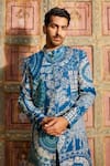 Shop_DiyaRajvvir_Blue Dola Silk Printed Thikri Sherwani And Pant Set_at_Aza_Fashions