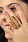 Buy_Itrana_Gold Plated Beads Half Crescent Carved Cutwork Ring _at_Aza_Fashions