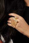 ITRANA_Gold Plated Bead Cutwork Fan Double Motif Ring _at_Aza_Fashions