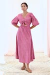 Buy_MoonTara_Pink Cotton Printed Polka Dots V Neck Flared Dress  _at_Aza_Fashions