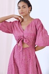 Shop_MoonTara_Pink Cotton Printed Polka Dots V Neck Flared Dress  _Online_at_Aza_Fashions