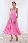 Buy_MoonTara_Pink Cotton Voile Solid Deep Scoop Neck Gathered And Tiered Dress  _at_Aza_Fashions