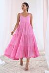 Buy_MoonTara_Pink Cotton Voile Solid Deep Scoop Neck Gathered And Tiered Dress  _Online_at_Aza_Fashions