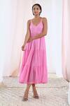 Shop_MoonTara_Pink Cotton Voile Solid Deep Scoop Neck Gathered And Tiered Dress  _Online_at_Aza_Fashions