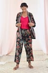 Shop_MoonTara_Black Cotton Printed Floral Jacket Lapel Collar Pant Set _Online_at_Aza_Fashions