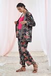 MoonTara_Black Cotton Printed Floral Jacket Lapel Collar Pant Set _at_Aza_Fashions