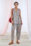 Buy_MoonTara_Blue Cotton Printed Floral Lapel Collar Jacket And Pant Set _at_Aza_Fashions