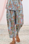 MoonTara_Blue Cotton Printed Floral Lapel Collar Jacket And Pant Set _Online_at_Aza_Fashions