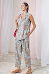 Shop_MoonTara_Blue Cotton Printed Floral Lapel Collar Jacket And Pant Set _Online_at_Aza_Fashions