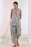 Buy_MoonTara_Blue Cotton Printed Floral Lapel Collar Jacket And Pant Set 