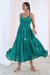 Buy_MoonTara_Green Cotton Voile Solid Deep Scoop Neck Plain Gathered And Tiered Dress  _at_Aza_Fashions