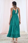 Shop_MoonTara_Green Cotton Voile Solid Deep Scoop Neck Plain Gathered And Tiered Dress  _at_Aza_Fashions