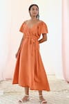 Buy_MoonTara_Orange Linen Solid Broad V Neck Dress  _at_Aza_Fashions