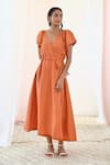 MoonTara_Orange Linen Solid Broad V Neck Dress  _Online_at_Aza_Fashions