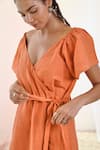 Shop_MoonTara_Orange Linen Solid Broad V Neck Dress  _Online_at_Aza_Fashions