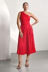 Buy_MoonTara_Red Cotton Satin Solid One Shoulder Dress  _at_Aza_Fashions