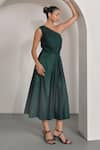 MoonTara_Green Cotton Satin Solid One Shoulder Plain Dress  _Online_at_Aza_Fashions