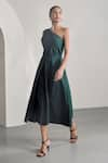 MoonTara_Green Cotton Satin Solid One Shoulder Plain Dress  _at_Aza_Fashions