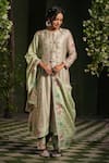 Shop_Label Niti Bothra_Green Silk Chanderi Printed Floral Mughal Heer Embroidered Kalidar Kurta Set _at_Aza_Fashions