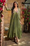 Buy_Label Niti Bothra_Green Silk Chanderi Printed Floral Dress Plunged Mughal Embroidered Jacket With _at_Aza_Fashions