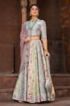 Shop_Label Niti Bothra_Multi Color Silk Chanderi Printed Floral Sweetheart Mughal Tri Lehenga Set _at_Aza_Fashions