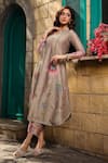 Label Niti Bothra_Green Silk Chanderi Printed Floral V Neck Mughal Phool Pattern Kurta And Pant Set _Online_at_Aza_Fashions