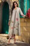 Label Niti Bothra_Ivory Silk Chanderi Printed Floral V Neck Mughal Phool Kurta And Pant Set _Online_at_Aza_Fashions