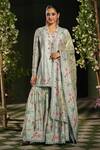 Buy_Label Niti Bothra_Blue Silk Chanderi Printed Floral V Neck Mughal Sharara Set _at_Aza_Fashions