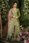 Shop_Label Niti Bothra_Green Silk Chanderi Printed Floral V Neck Mughal Pattern Sharara Set _at_Aza_Fashions