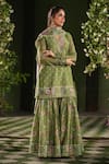 Shop_Label Niti Bothra_Green Silk Chanderi Printed Floral V Neck Mughal Pattern Sharara Set _Online_at_Aza_Fashions