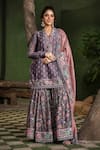 Buy_Label Niti Bothra_Purple Silk Chanderi Printed Floral V Neck Mughal Pattern Kurta Sharara Set _Online_at_Aza_Fashions