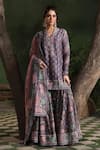 Shop_Label Niti Bothra_Purple Silk Chanderi Printed Floral V Neck Mughal Pattern Kurta Sharara Set _Online_at_Aza_Fashions