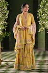 Buy_Label Niti Bothra_Yellow Silk Chanderi Printed Floral V Neck Mughal Kurta Sharara Set _at_Aza_Fashions