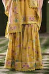 Label Niti Bothra_Yellow Silk Chanderi Printed Floral V Neck Mughal Kurta Sharara Set _Online_at_Aza_Fashions