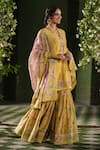 Shop_Label Niti Bothra_Yellow Silk Chanderi Printed Floral V Neck Mughal Kurta Sharara Set _Online_at_Aza_Fashions