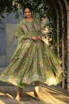 Shop_Label Niti Bothra_Green Silk Chanderi Print Floral Asymmetric Neck Koti Anarkali Set 