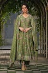 Buy_Label Niti Bothra_Green Silk Chanderi Print Floral V Neck Anarkali Pant Set _at_Aza_Fashions