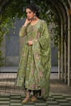 Label Niti Bothra_Green Silk Chanderi Print Floral V Neck Anarkali Pant Set _Online_at_Aza_Fashions