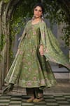 Shop_Label Niti Bothra_Green Silk Chanderi Print Floral V Neck Anarkali Pant Set _Online_at_Aza_Fashions