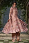 Shop_Label Niti Bothra_Peach Silk Chanderi Print Floral Round Neck Flower Bloom Anarkali Pant Set _Online_at_Aza_Fashions