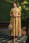 Label Niti Bothra_Yellow Silk Chanderi Print Floral Round Neck Anarkali Pant Set _Online_at_Aza_Fashions