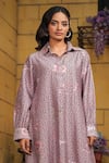 Shop_Label Niti Bothra_Purple Silk Chanderi Print Floral Collared Neck Miniature Kurta With Pant _Online_at_Aza_Fashions