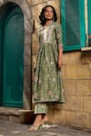 Shop_Label Niti Bothra_Green Silk Chanderi Print Floral V Neck Mughal Bloom Kurta With Pant _at_Aza_Fashions