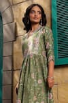 Label Niti Bothra_Green Silk Chanderi Print Floral V Neck Mughal Bloom Kurta With Pant _Online_at_Aza_Fashions