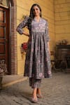 Buy_Label Niti Bothra_Purple Silk Chanderi Print Floral V Neck Pleated Kurta With Pant _at_Aza_Fashions