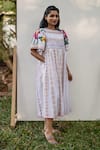 PRACHI KAMAT_White Cotton Linen Printed Portuguese Round Front Slit Midi Dress _Online_at_Aza_Fashions